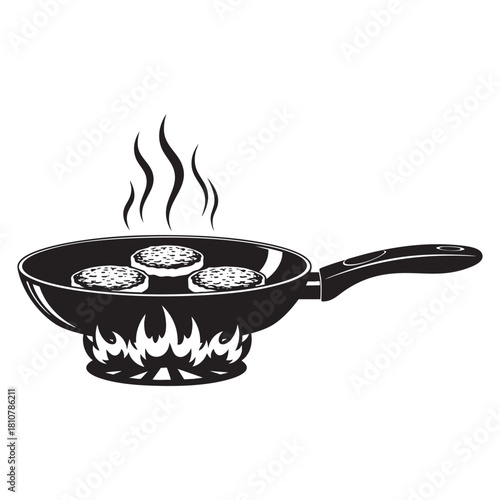 Frying Pan Cooking Hanukkah Latkes Potato Pancakes on Stove Flame Silhouette Vector Illustration