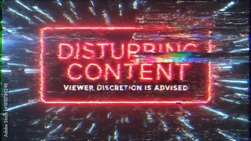 Disturbing Content Viewer Discretion Advised Neon Sign on Dark Background with Light Rays.