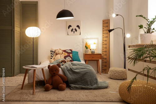 Comfortable bed, table, fol...