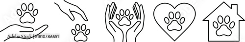 Pet care and adoption line art icons. Set includes paw in hand, heart, and house, symbolizing love, shelter, and protection.