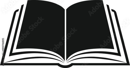 Open book icon, black and white vector graphic symbol of reading, education, knowledge, literature, learning, and storytelling isolated on white background, simple flat design.