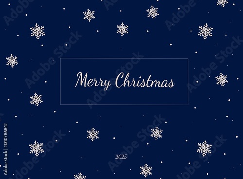 Minimalist and elegant winter holiday background pattern. Dark blue texture with stylized white snowflakes and light snowfall. 