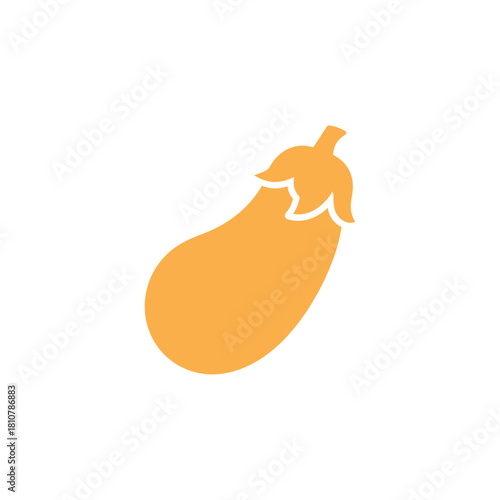 A bright orange stylized silhouette of a single eggplant presented on a crisp white background