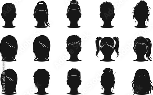 Set of black head silhouettes with different male and female hairstyles. Vector icons for avatars, profiles, or barber shop graphics.