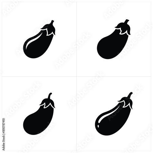 A square grid displays four unique black silhouette icons of eggplants on individual white backgrounds