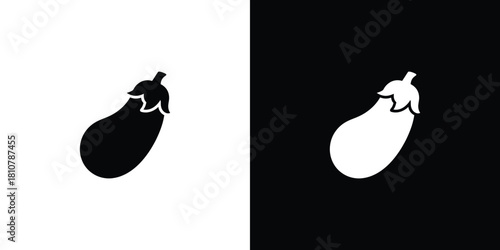 A striking split background image presenting two identical simple eggplant icons in contrasting black and white