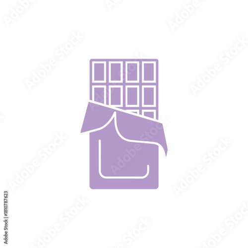 A vibrant purple chocolate bar is shown partially unwrapped with individual squares visible