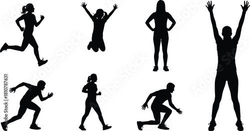 Active people silhouettes vector collection, running and jumping poses, fitness men and women exercising, sport lifestyle set isolated on white background.