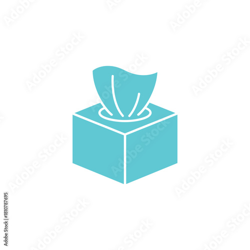 A vibrant turquoise colored tissue box dispenser containing paper tissues on a clean white background