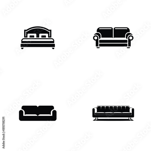 Bedroom and Living Room Furniture Icons Bed, Loveseat, Sofa, and Sectional Set