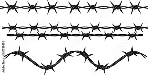 Set of seamless black barbed wire silhouettes. Vector illustration for fence, prison, border, and military themes. Graphic design elements.