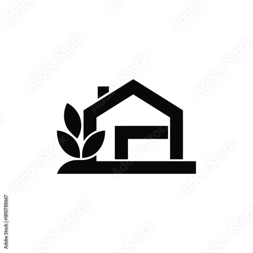 Black and White House Icon with Windows, Door, Chimney, and Round Window