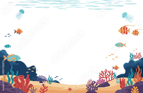 珊瑚礁と海の生き物が棲む海中のフレームイラスト