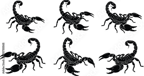 Black scorpion vector silhouettes collection, dangerous arachnid insect set with poisonous tail and claws, tattoo art design, isolated on white background.