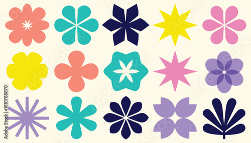Simple Retro Colorful Abstract Flower Shapes  Icon and Motif Collection