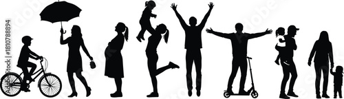 Silhouette collection of family lifestyle, pregnant woman, boy on bike, man on scooter, and happy parents with children vector.