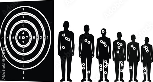 Set of shooting targets, including a classic circular target and human silhouettes showing various bullet hole groupings. Vector illustration.