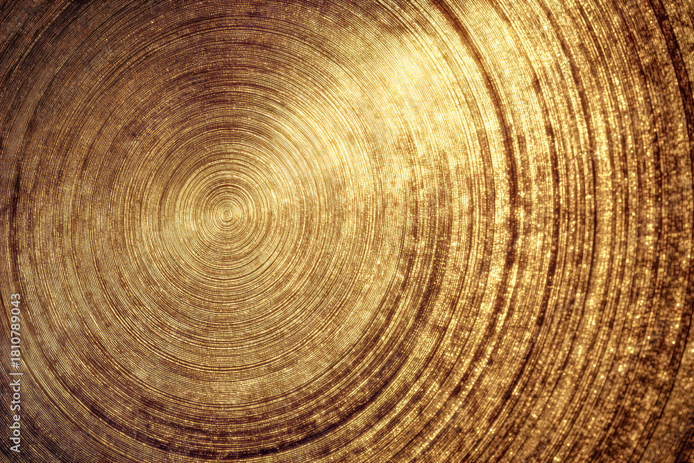Naklejka premium A metallic golden wall with embossed circular patterns creates an elegant surface, ideal for luxury interior design.