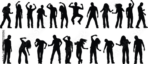 Black silhouettes of dancing people, men and women partying, club crowd jumping, vector illustration set isolated on white background, celebration concept.