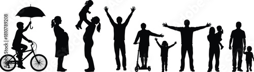 Silhouette collection of happy family, pregnant woman, parents with children, and kids playing on bike and scooter, vector illustration of lifestyle.