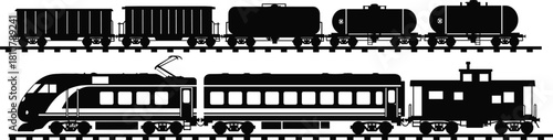 Train car silhouette illustration set, freight and passenger vector, railway transport, black icons, locomotive design, industrial artwork