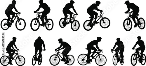 Black silhouettes of cyclists riding bicycles, men on mountain bike and road racer, vector illustration set isolated on white background, sport activity.