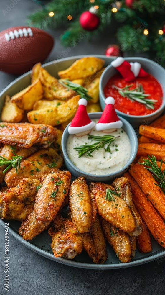 Fototapeta premium A festive platter of chicken wings, potato wedges, and carrot sticks with dipping sauces. Christmas decorations and an American football in the background.