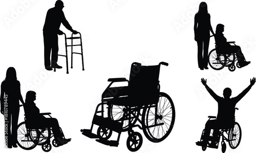 Black silhouettes of disabled people, wheelchair users, elderly man with walker, medical mobility equipment, caregiver assistance, vector illustration isolated on white background, handicap concept.