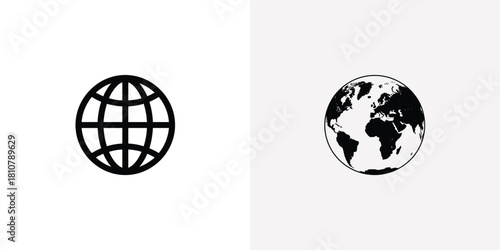 Black silhouette globe with meridian and realistic landmass, transparent background