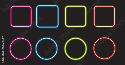 Colorful neon effect vector set of square web buttons with blank design and 3D glass shape for internet icons