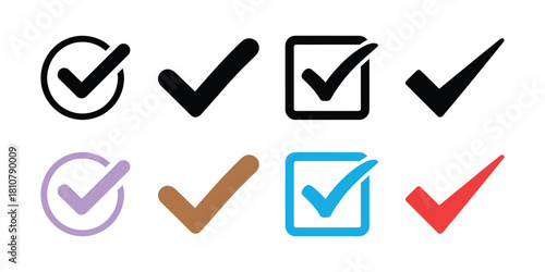 Check Marks Set, Rounded and Square Borders, Multiple Colors on Transparent Background