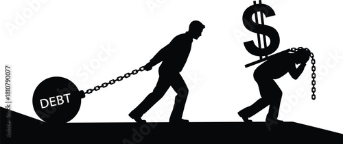 Silhouette of businessmen struggling with heavy debt ball and carrying dollar sign, vector concept of financial burden, crisis, and loan pressure.