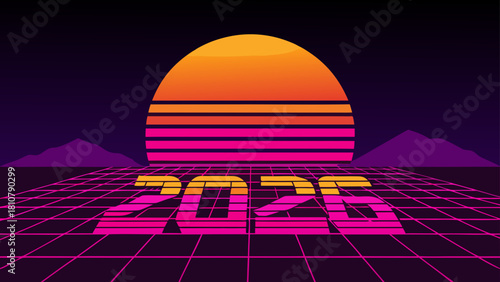Retro sunset with grid and mountains in background and the year 2026 in the foreground design is vibrant