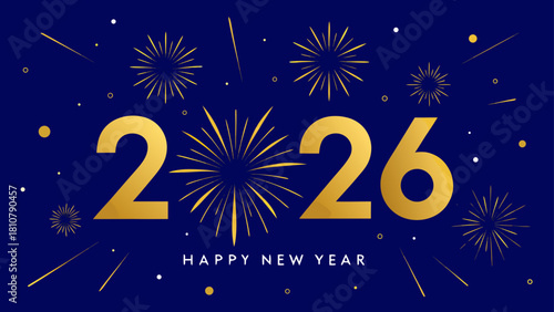 Illustration of the year two thousand twenty six with fireworks on a dark blue background for celebration