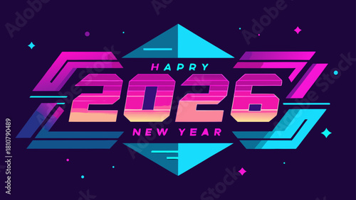 Illustration of happy new year 2026 with geometric shapes and vibrant colors on a dark background design