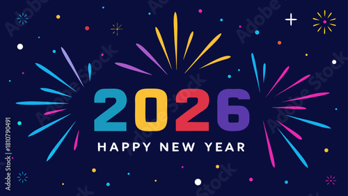 Illustration of happy new year 2026 celebration with colorful fireworks and confetti on dark blue background