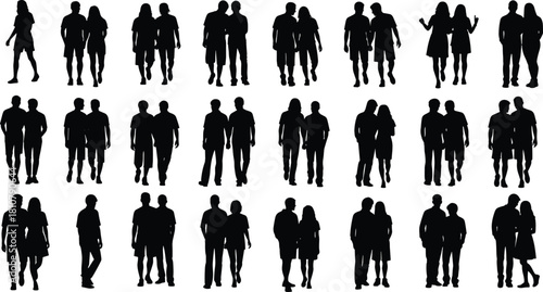 Walking people silhouette illustration set, paired figures, black vector, social interaction, human movement, group activity, urban artwork