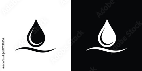 Droplet Icon on Liquid Wave in Black and White, Minimalist Design