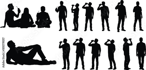 Black silhouettes of people drinking beverages, men standing with bottles, couple sitting together, man lying down relaxing, vector illustration set isolated on white background.