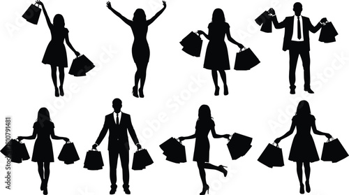 Black silhouettes of shopping people, happy men and women holding paper bags, sale discount concept, retail customer vector illustration isolated on white background.