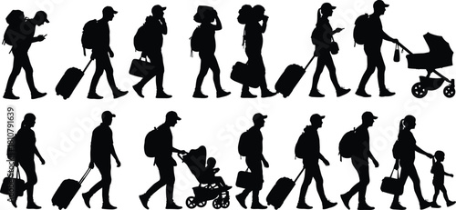 Silhouette of travelers walking with suitcases and backpacks, vector illustration of family, tourists, airport passengers, and migration journey.