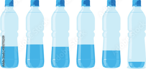 Vector set of plastic water bottles with decreasing liquid levels, illustration of fresh mineral drinking water and hydration process.