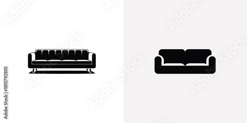Isolated Two Black Sofa Icon, Elegant Living Room Couch Silhouette on White Backdrop