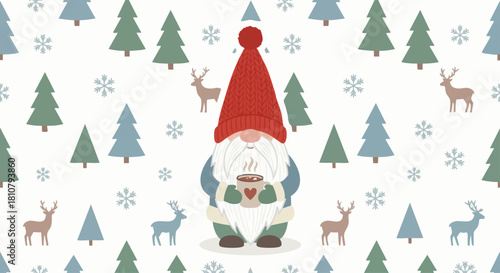 Cozy Winter Gnome
Flat illustration of a cute Christmas gnome wearing a red knit hat, long white beard, holding a warm cocoa mug, soft winter color palette, minimalistic Scandinavian style, cl