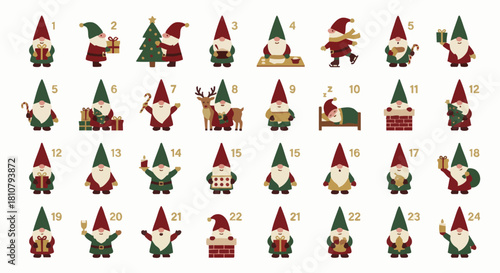 Gnome Advent Calendar Icons
Prompt:
Set of flat Christmas gnome icons for an advent calendar, small cute poses, simple geometric shapes, limited holiday palette, clean vector style,