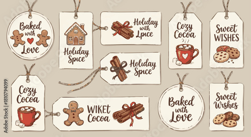 Cozy Holiday Baking Labels
Hand-drawn Christmas label set inspired by holiday baking, doodle illustrations of cookies, cinnamon sticks, gingerbread houses, cocoa mugs; warm and homey color palette