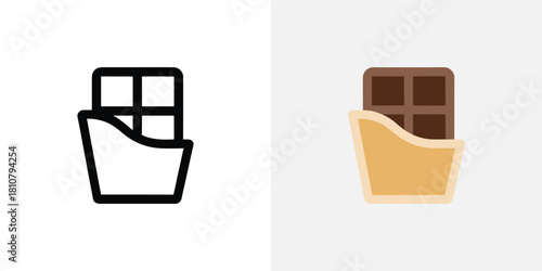 Outline and colorful flat icon depicting a partially unwrapped chocolate bar with squares