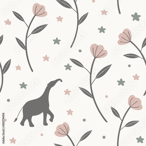 Adorable dinosaur among pastel flowers and stars seamless pattern, ideal for baby products, textiles and wallpaper, cute and playful nursery decor design