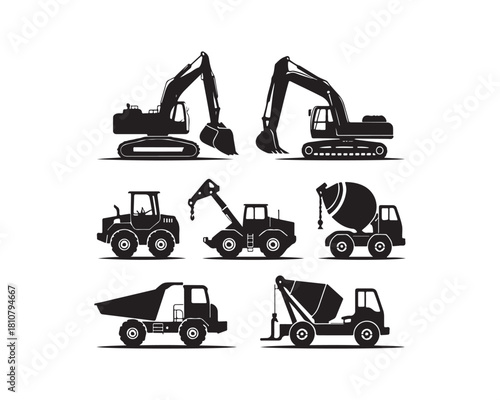 construction vehicles silhouette, construction vector set, heavy vehicles silhouette, excavator silhouette, bulldozer silhouette, crane silhouette, dump truck silhouette, loader silhouette,