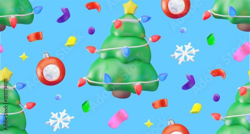 Seamless pattern with 3D elements for Christmas and New Year. Festive background with a Christmas tree and garland, a Christmas tree ornament, a snowflake, and confetti. 3D vector.